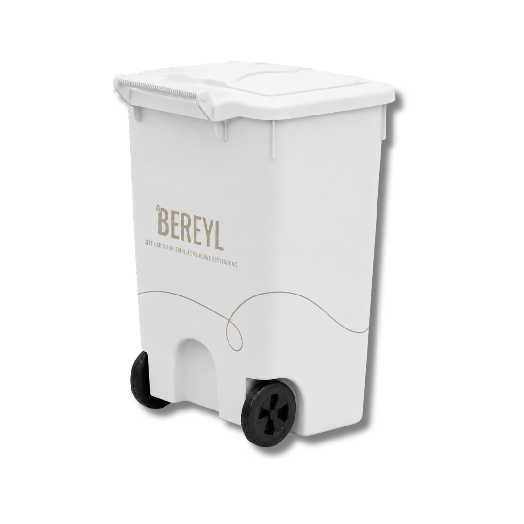 Bereyl-inzamelbak vanuit een andere hoek met deksel, wielen en Bereyl-bestickering.